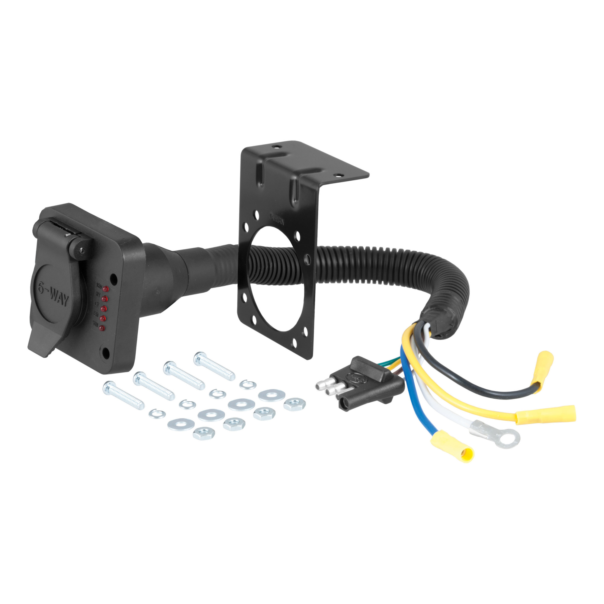 Curt Manufacturing 4-Way Flat Vehicle-Side to 6-Way Round Trailer Wiring Adapter with Tester — Includes Mounting Bracket and Hardware, Model# 57626